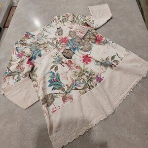 Women's Beige w/Multi-Colors Florals/Foliage Print 3/4 Sleeves Lace Trim Blouse